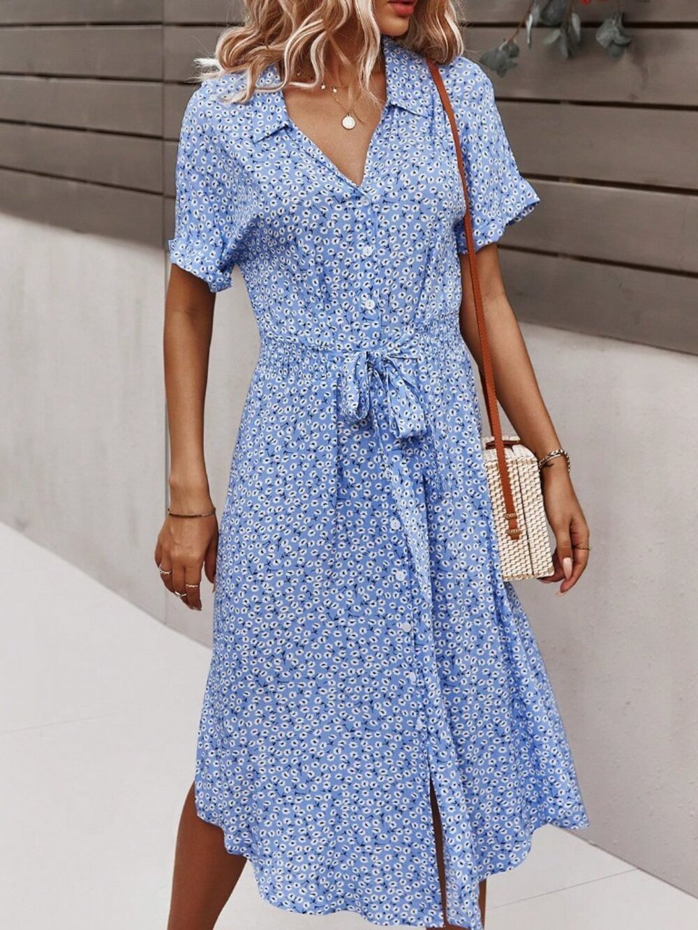 Baby Blue Casual Women's Ditsy Floral Print Batwing Sleeve Belted Shirt Dress - Picture 6 of 8